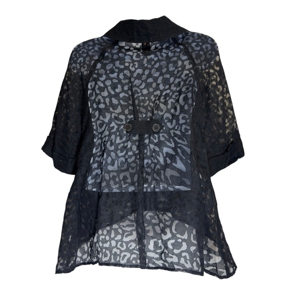 Black Sheer Lace Leopard Print Burnout Asymmetrical Big Button-Up Blazer Blouse - Picture 4 of 8